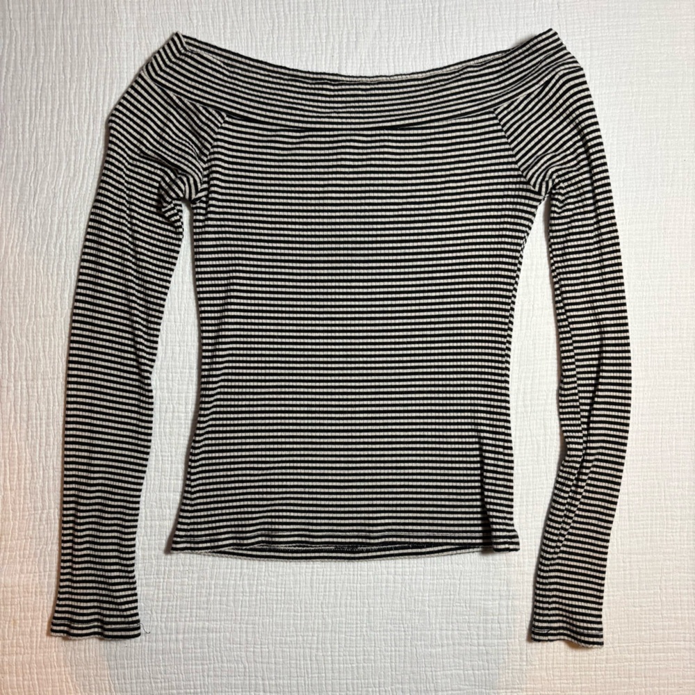 Aeropostale Black and White Striped Off-Shoulder Top